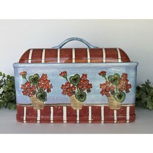 RARE‎ Dept 56 Ceramic Floral Lidded Bread Box/Planter/Decor Country Cottage Blue